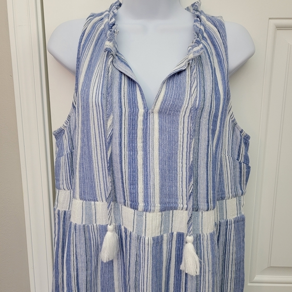 J Jill 100% Cotton Blue White Striped Sleeveless Tiered Dress With Tassels Med - Picture 3 of 12